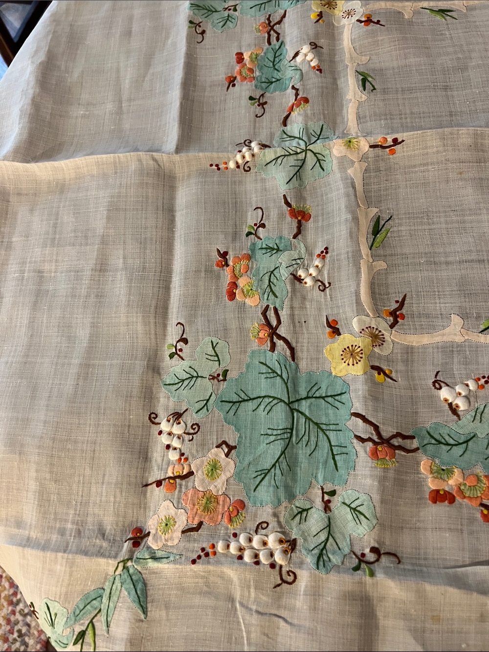 Vintage Embroidered Floral Tablecloth - Cream with Teal and Yellow Accents - Picture 2 of 5
